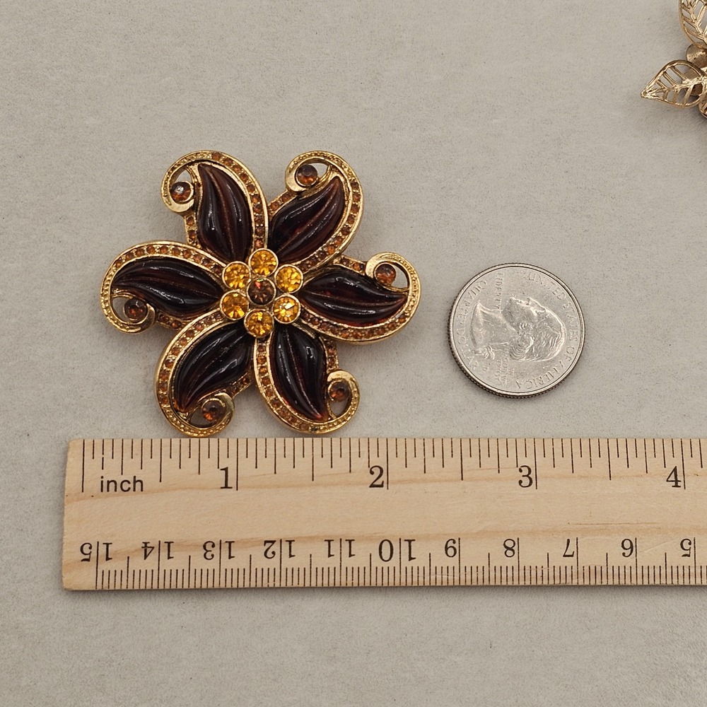 Floral Brooch 2pc Rhinestone Gold Tone Brown Rootbeer Lucite Lot Pins Autumn - Picture 2 of 10